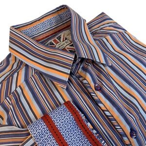 7‎ Downie St. Long Sleeve Button Up Shirt Men's 4 Flip Cuff Blue Orange Striped